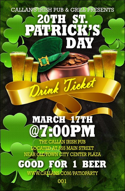 St. Patrick's Day Party Drink Ticket Product Front