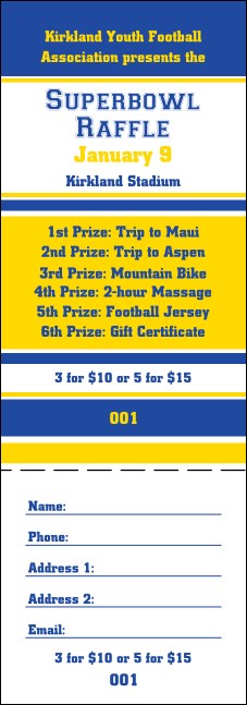 Sports Raffle Ticket 003 in Blue and Yellow Product Front